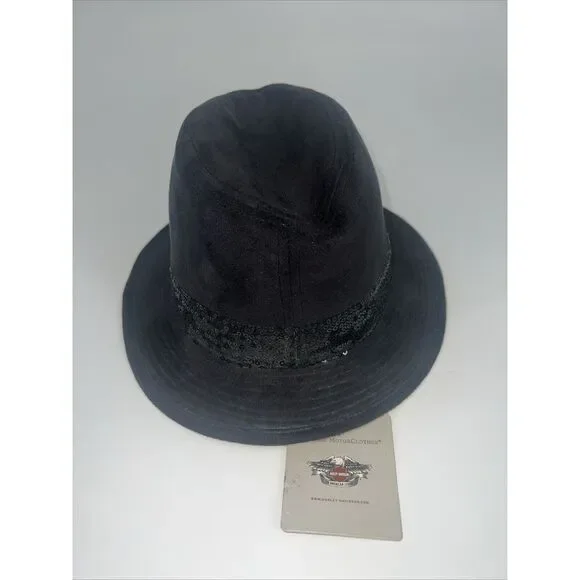 Harley Davidson Black Fedora W/ Sequin Size S 2012 Suede Look‎ NWT
